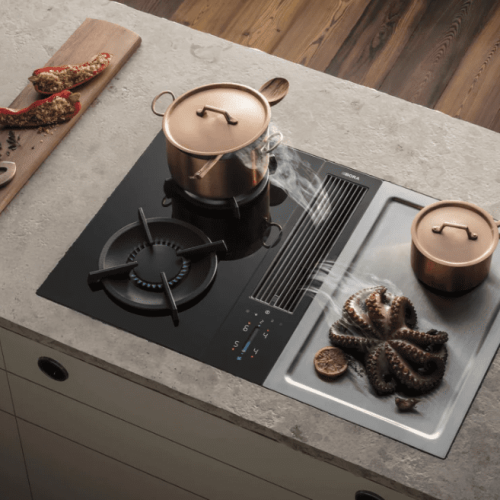 Picture of the Bora Classic Duo, cooktop extractor system. In an modern kitchen for UAE market. Gaz & tepan.